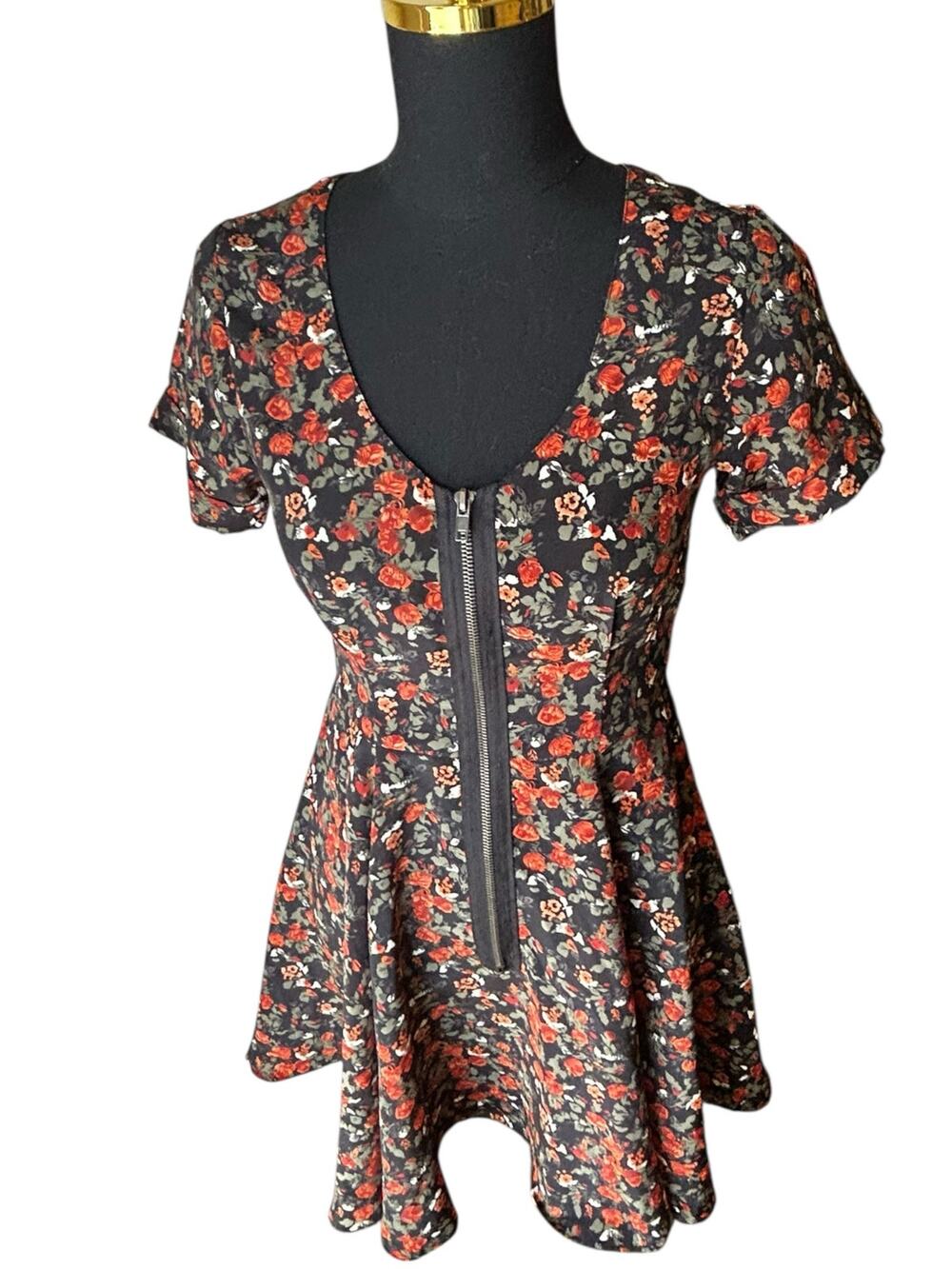 Reformed Black Floral A-Line Front Zip Dress Size Small 90s Grunge